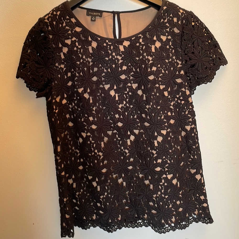 Talbots black and tan embroidered blouse